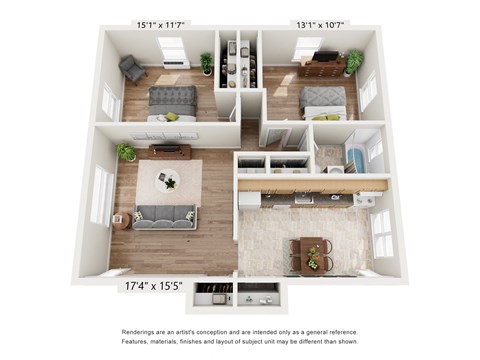 Floor plan for 2 beds, 1 bath, 955 sqft
